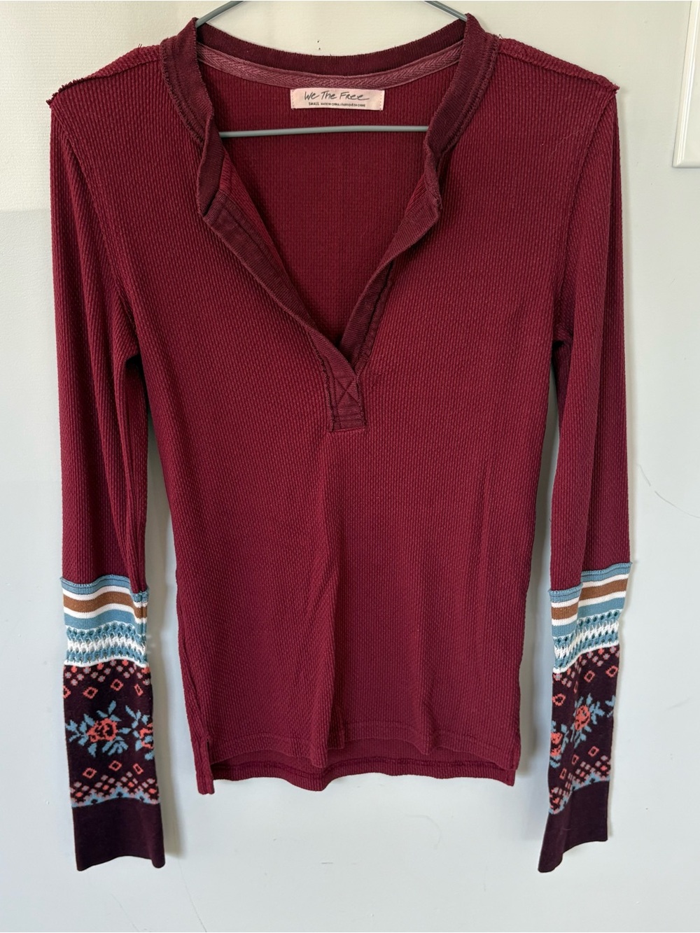 Free People We The Free Deep V-Neck Waffle Knit Top Floral Knit Sleeves S